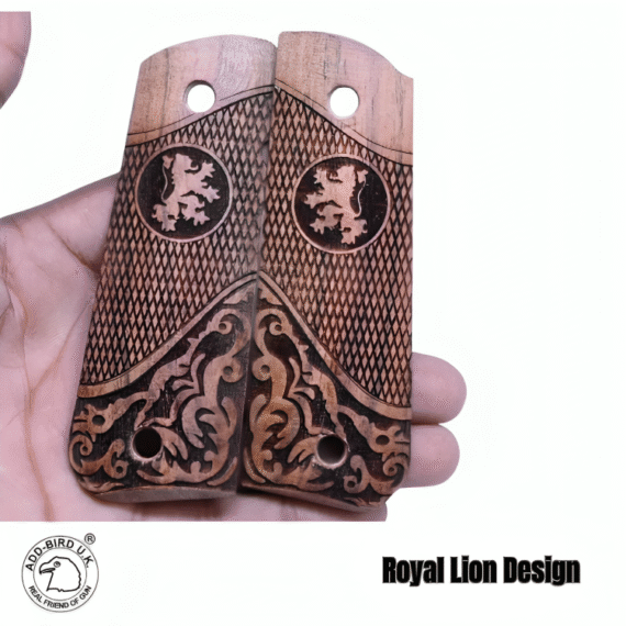 Diamond Checkered Wooden Grips for Colt 1911 with Royal Lion Engraving – ADD-Bird.UK