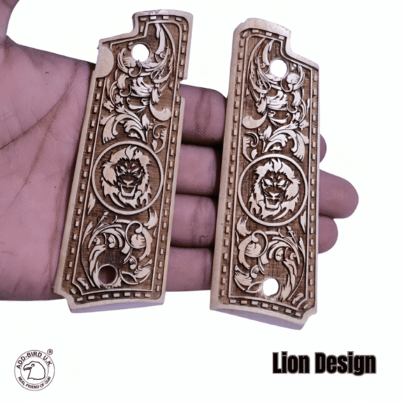 Engraved Wooden Grips for Colt 1911 / GI Model – Lion Design – ADD-Bird.UK