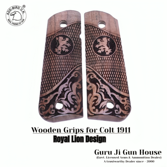 Diamond Checkered Wooden Grips for Colt 1911 with Royal Lion Engraving – ADD-Bird.UK