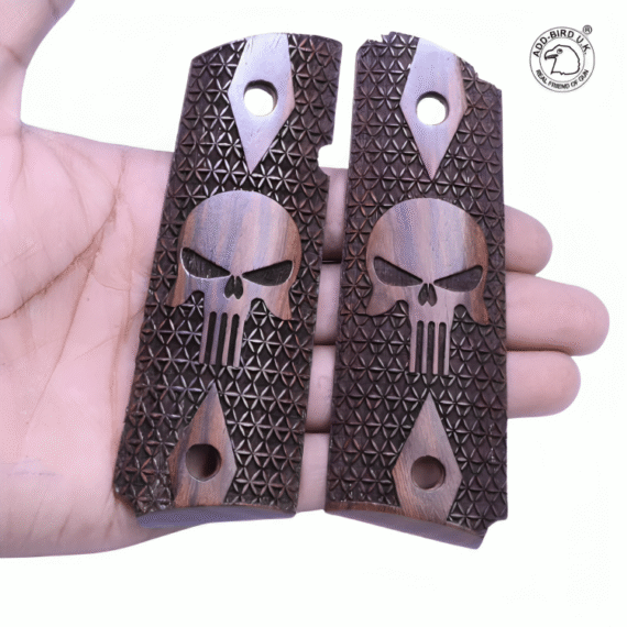 Punisher Skull Wooden Grips for Colt 1911 – Tactical Checkered Hardwood Design – ADD-Bird.UK